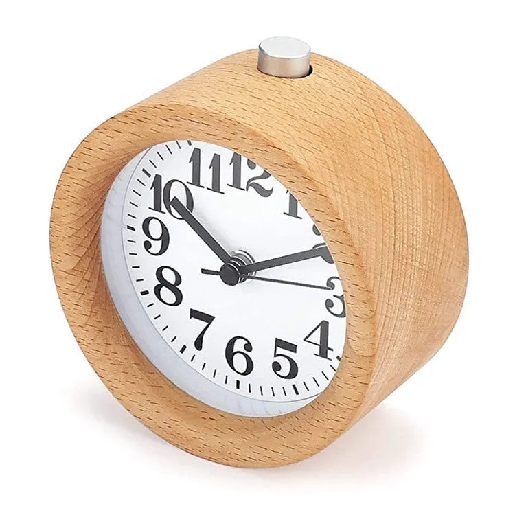 Beech wood bedside alarm clock with silent snooze function, 4-inch student desk clock, 4.8mm thickness PVC dial clock with ordinary glass mirror, 9.5cm wide wood shell clock for quiet waking