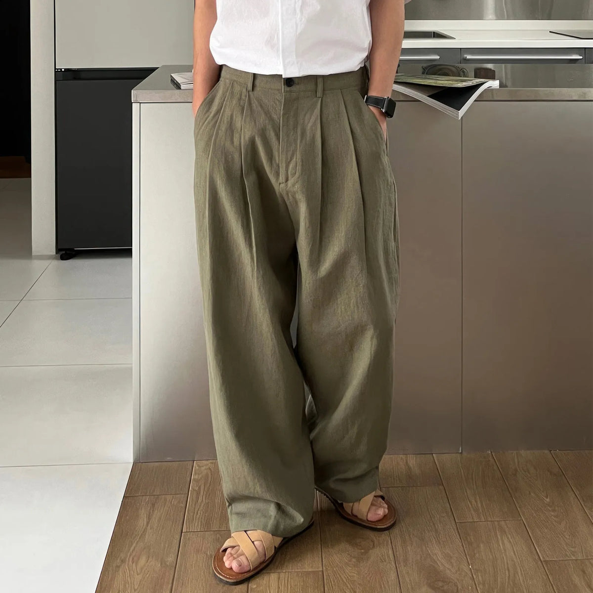 Army Green Japanese style linen trousers for men with drawstring waist