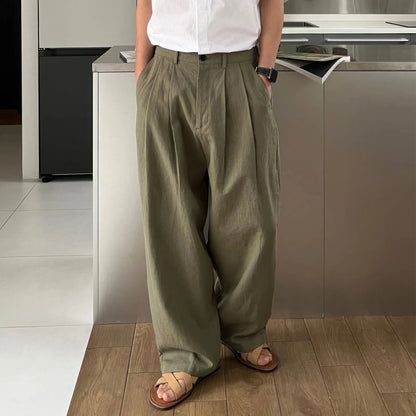 Army Green Japanese style linen trousers for men with drawstring waist