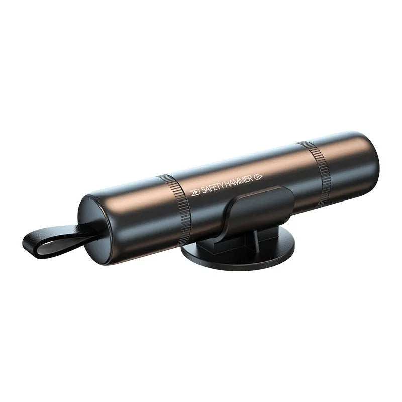 Aluminium alloy car safety hammer with a hardened steel tip for breaking windows and cutting seatbelts.