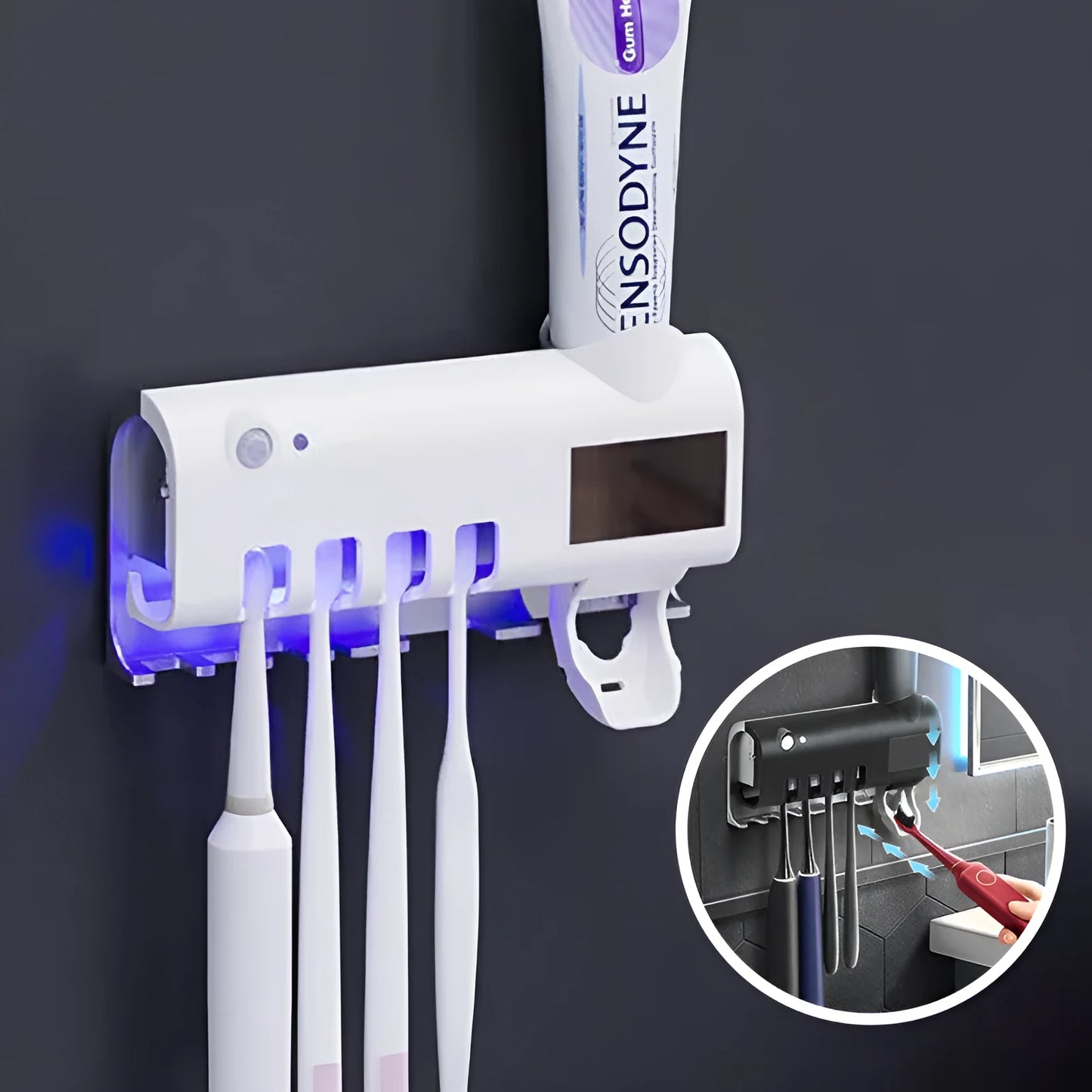Black wall-mounted UV toothbrush steriliser with automatic toothpaste squeezer and solar panel.