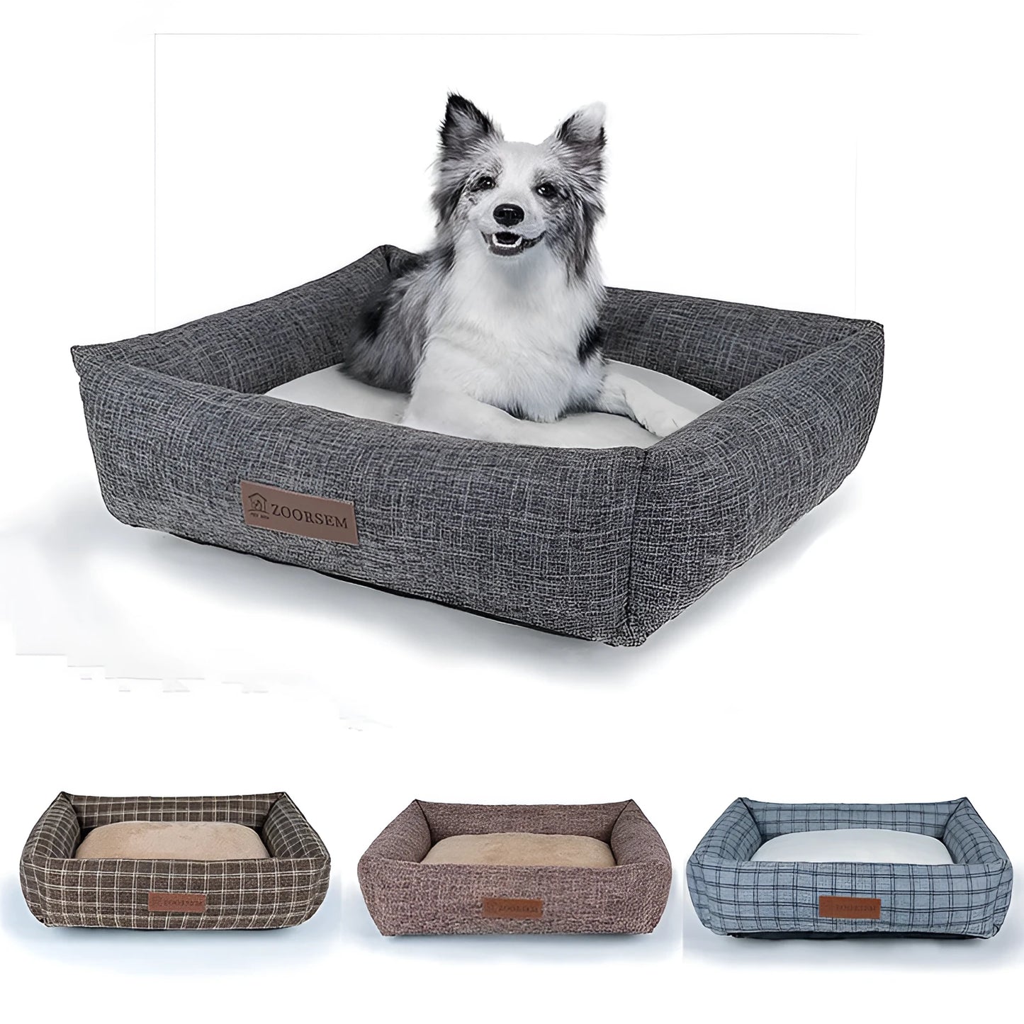 Grey linen-look square dog bed for medium-sized dogs on a wooden floor