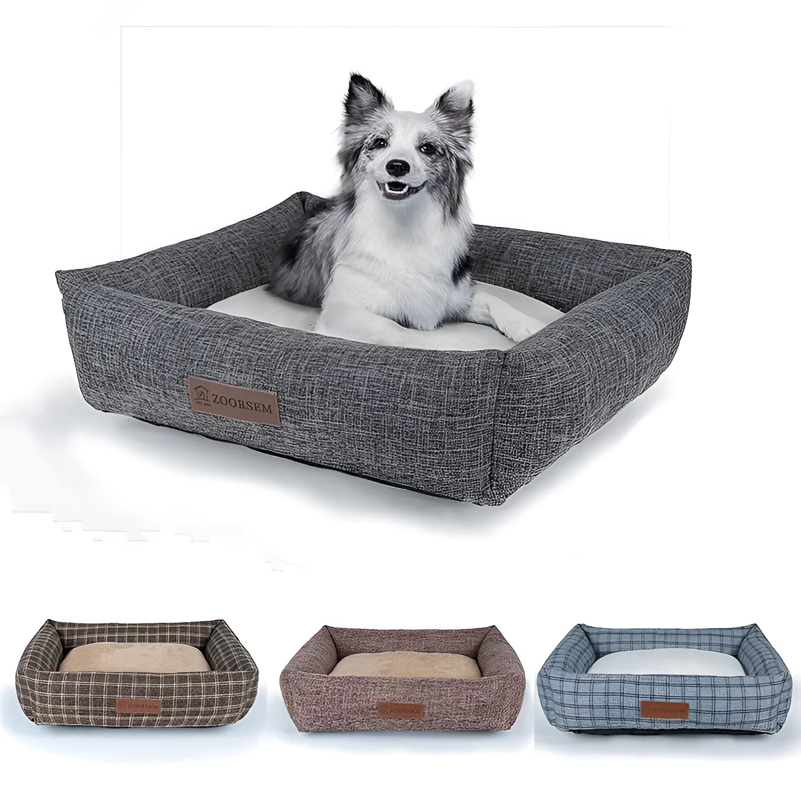 Grey linen-look square dog bed for medium-sized dogs on a wooden floor