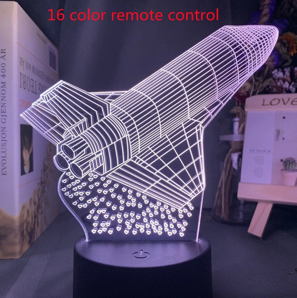 Custom 3D aeroplane hologram night light with personalised name, showing optical acrylic panel and ABS base