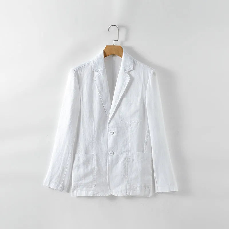 Men's lightweight linen blazer coat in solid colour on hanger showing simple design and size stick pocket