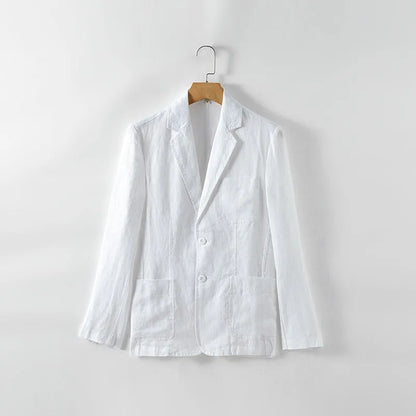 Men's lightweight linen blazer coat in solid colour on hanger showing simple design and size stick pocket