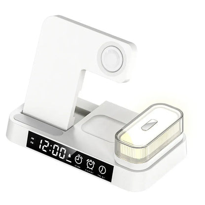 White 4-in-1 wireless charger station with foldable stand, alarm clock display, and Apple Watch charger