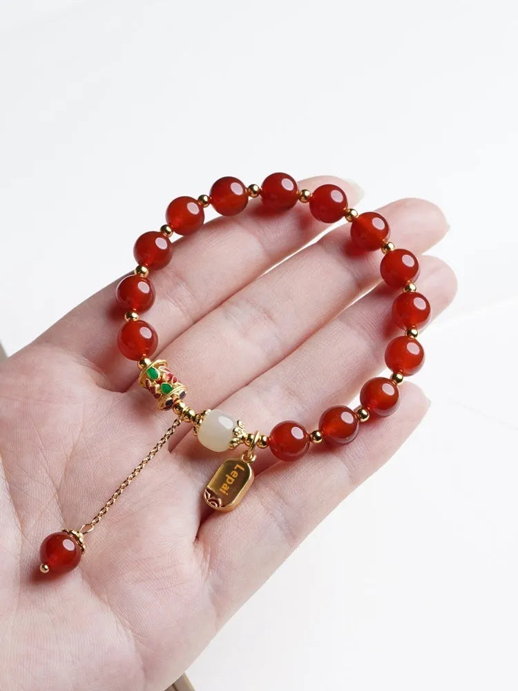 Women's red agate and Hetian jade bracelet with gold plating in original design