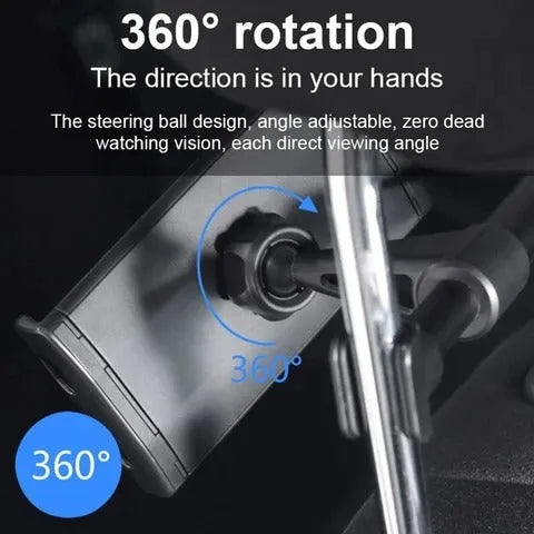 Black car phone holder mounted on vehicle rear seat with tablet secured in snap-in bracket