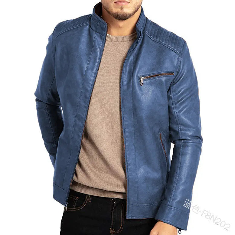 Man wearing a brown artificial leather punk motorcycle jacket with a stand collar and a chest patch pocket.