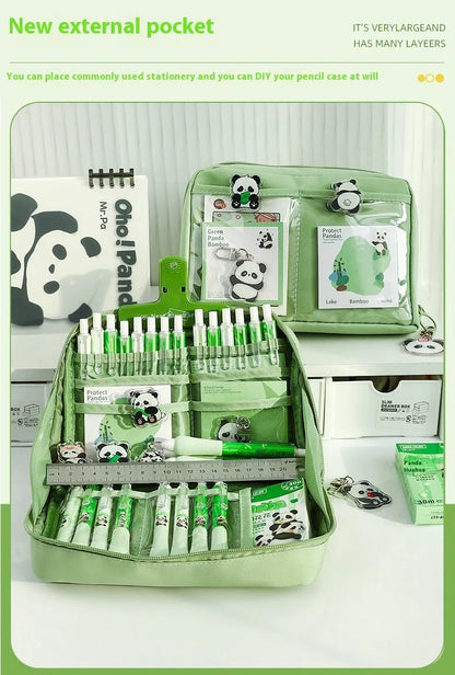 Green canvas pencil case with 12 layer panda design and multiple compartments for stationery organisation