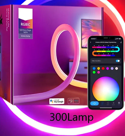 12V/24V Bluetooth WiFi RGBIC music neon light strip with 84 LED beads and waterproof construction