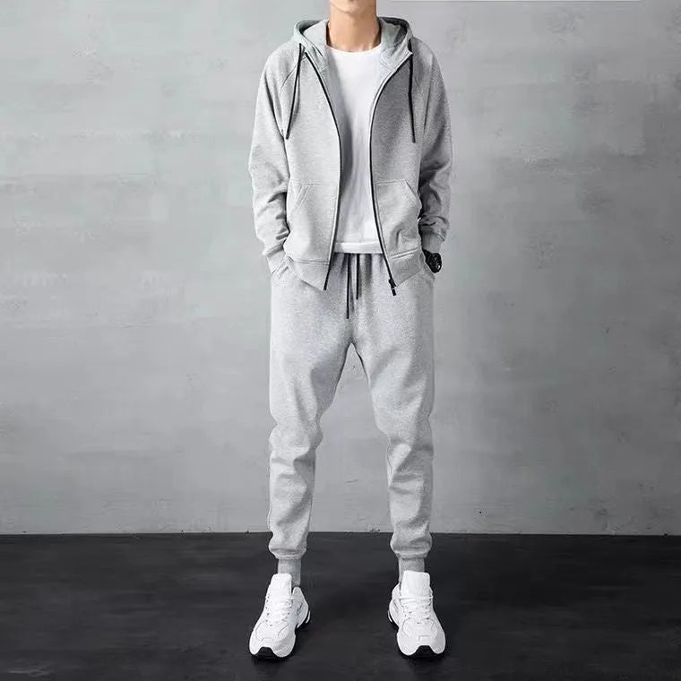 Men's cotton zip-up hoodie and long pants set in black or gray, casual spring tracksuit, sizes M to 4XL