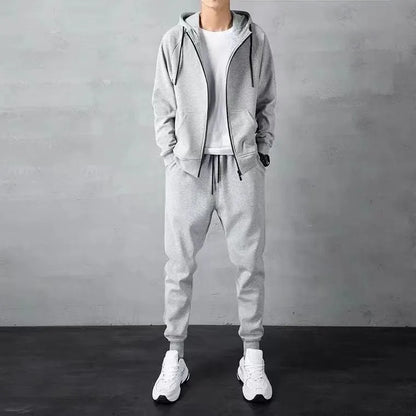 Men's cotton zip-up hoodie and long pants set in black or gray, casual spring tracksuit, sizes M to 4XL