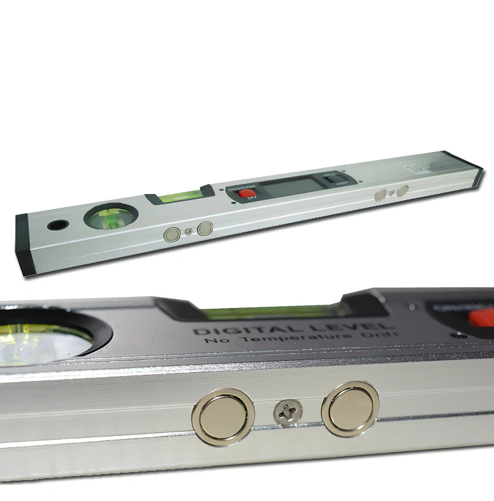 Digital magnetic angle meter with 400mm ruler length showing flip-up LCD display and four built-in magnets on base