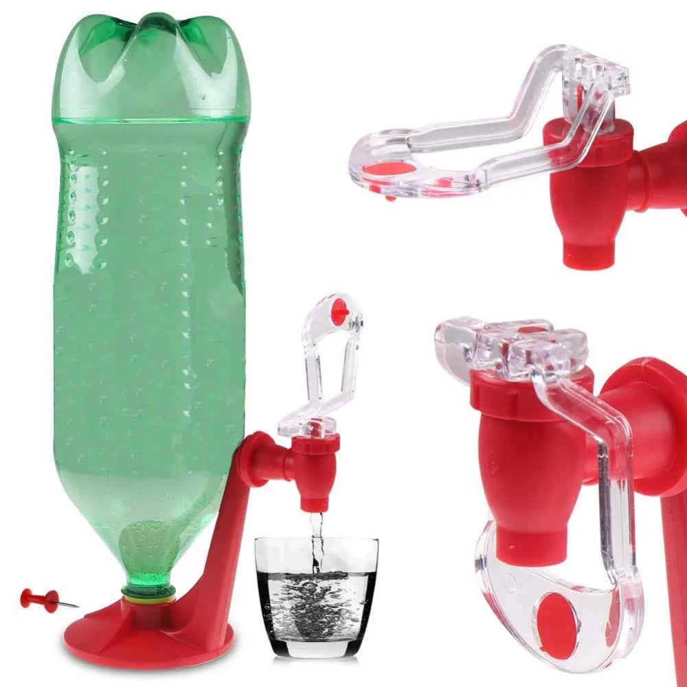 Red plastic Magic Tap soda bottle dispenser attached to an inverted 2-litre bottle on a kitchen table.