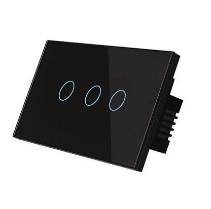 White tempered glass smart touch light switch with blue LED indicator on a UK wall.