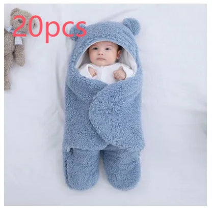 Baby quilted sleeping bag wrapper in cotton blend fabric showing size and colour options