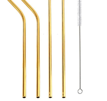 Colourful reusable stainless steel drinking straws with cleaning brush, perfect for eco-friendly sipping.
