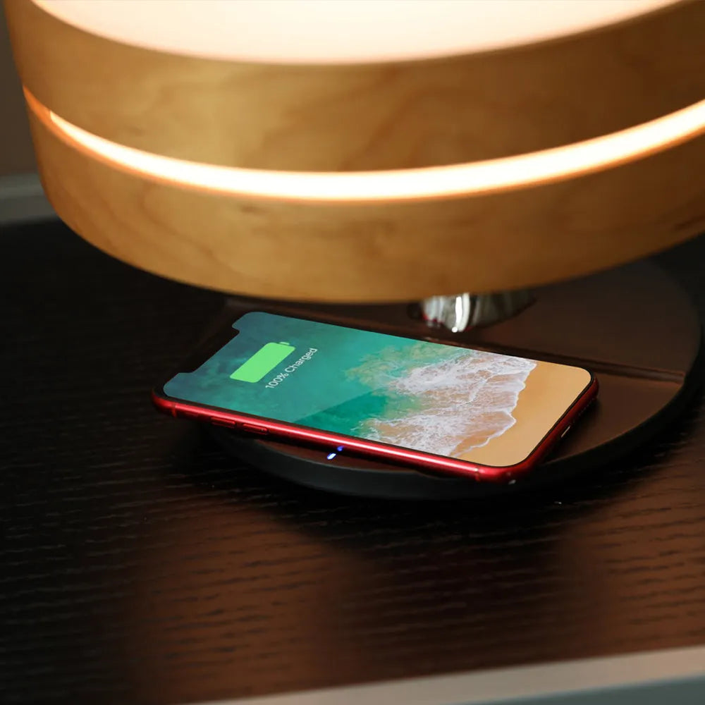 Round maple ABS+PC bed lamp with Bluetooth speaker, wireless charging, and circular tree LED light, 300 x 300 x 215mm