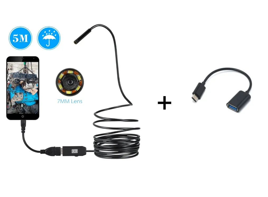 OWSOO USB endoscope camera with flexible black cable, small hook, magnet, and side mirror attachments on a white background.