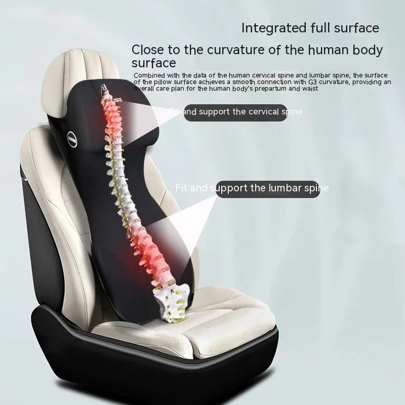 Black memory foam automotive waist cushion and matching headrest pillow set on a car seat.