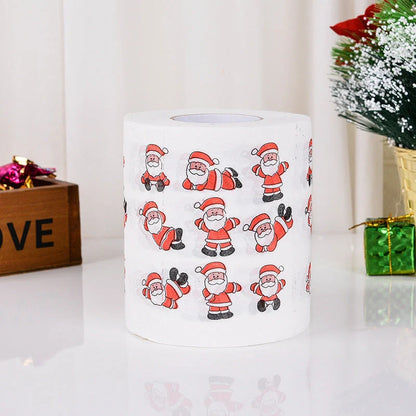 Christmas-themed toilet paper roll with Santa Claus and holiday designs