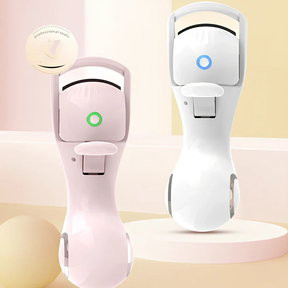 Pink and white electric eyelash curler with USB charging cable and temperature control settings