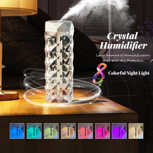 Crystal-like lamp humidifier with adjustable mist and lighting for a soothing, relaxing atmosphere