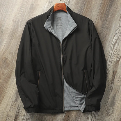 Men's stand collar casual jacket in polyester fibre with cotton lining, shown in available colours