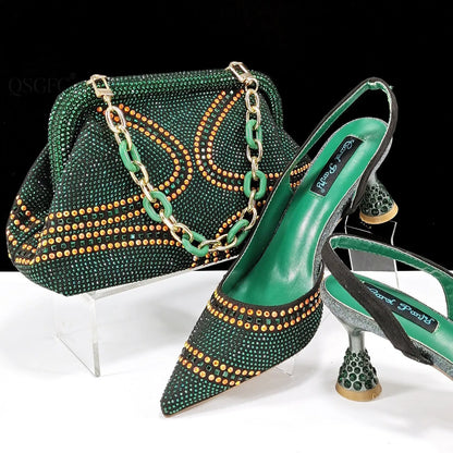Women's pointed toe high heels with rhinestones and a matching small bag in blue.