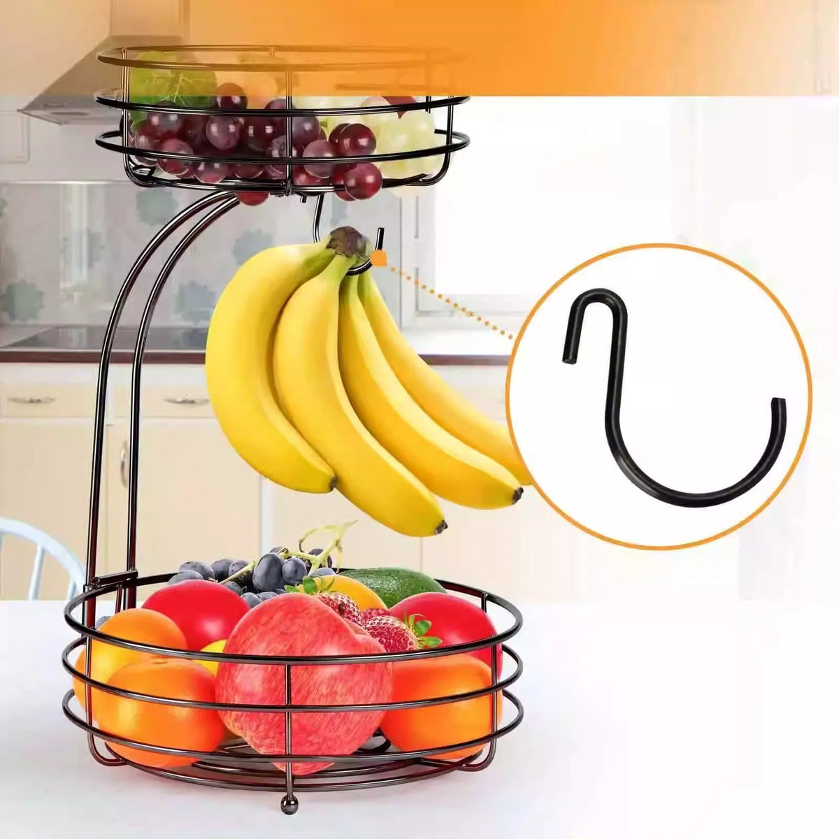 Black double-layer wrought iron fruit basket with 30cm diameter on kitchen counter
