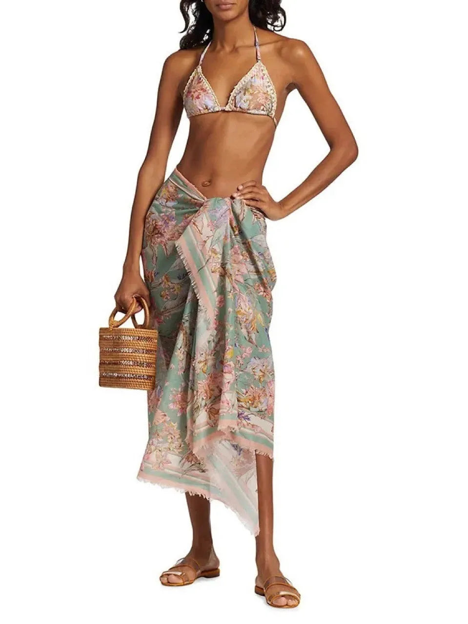 Women's creamy-white floral bikini suit with detachable skirt for beach and water sports