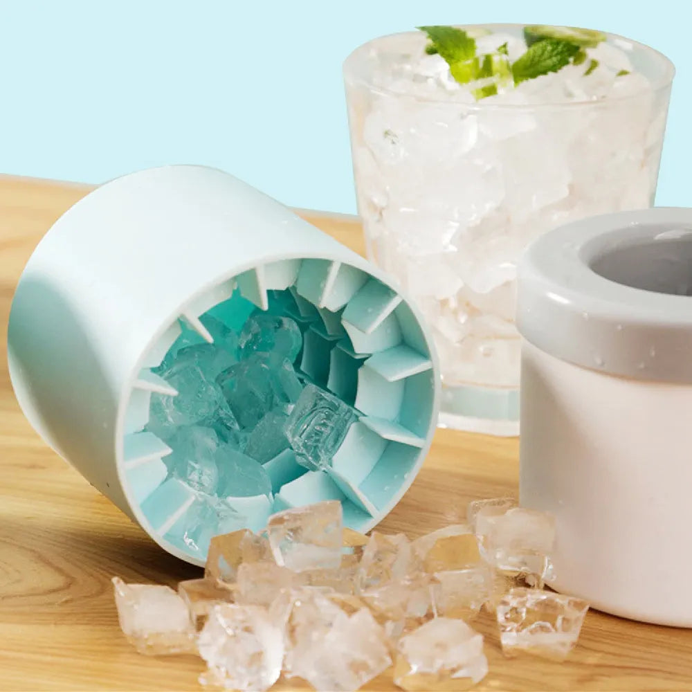 Blue-green silicone ice bucket mould with lid showing 9cm diameter and 8cm height dimensions