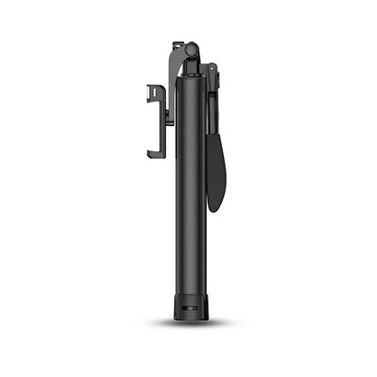 Black aluminium Bluetooth selfie stick with tripod feet and remote control extended to medium length.