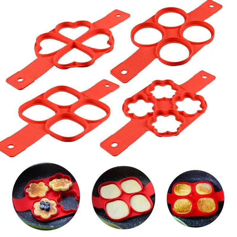 Red silicone pancake ring egg omelette maker with seven-hole non-stick cooking mould