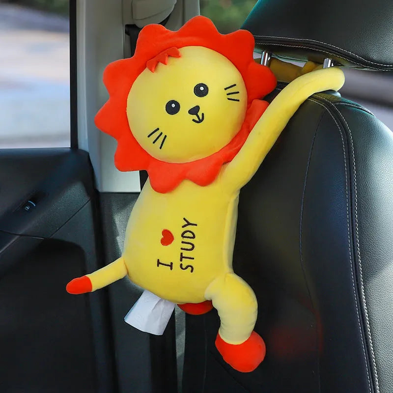 Plush animal design tissue box holder mounted on back of car seat