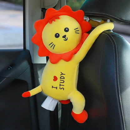 Plush animal design tissue box holder mounted on back of car seat