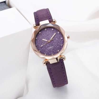 Elegant women's wrist watch with a captivating starry sky dial and leather strap, suitable for any occasion.
