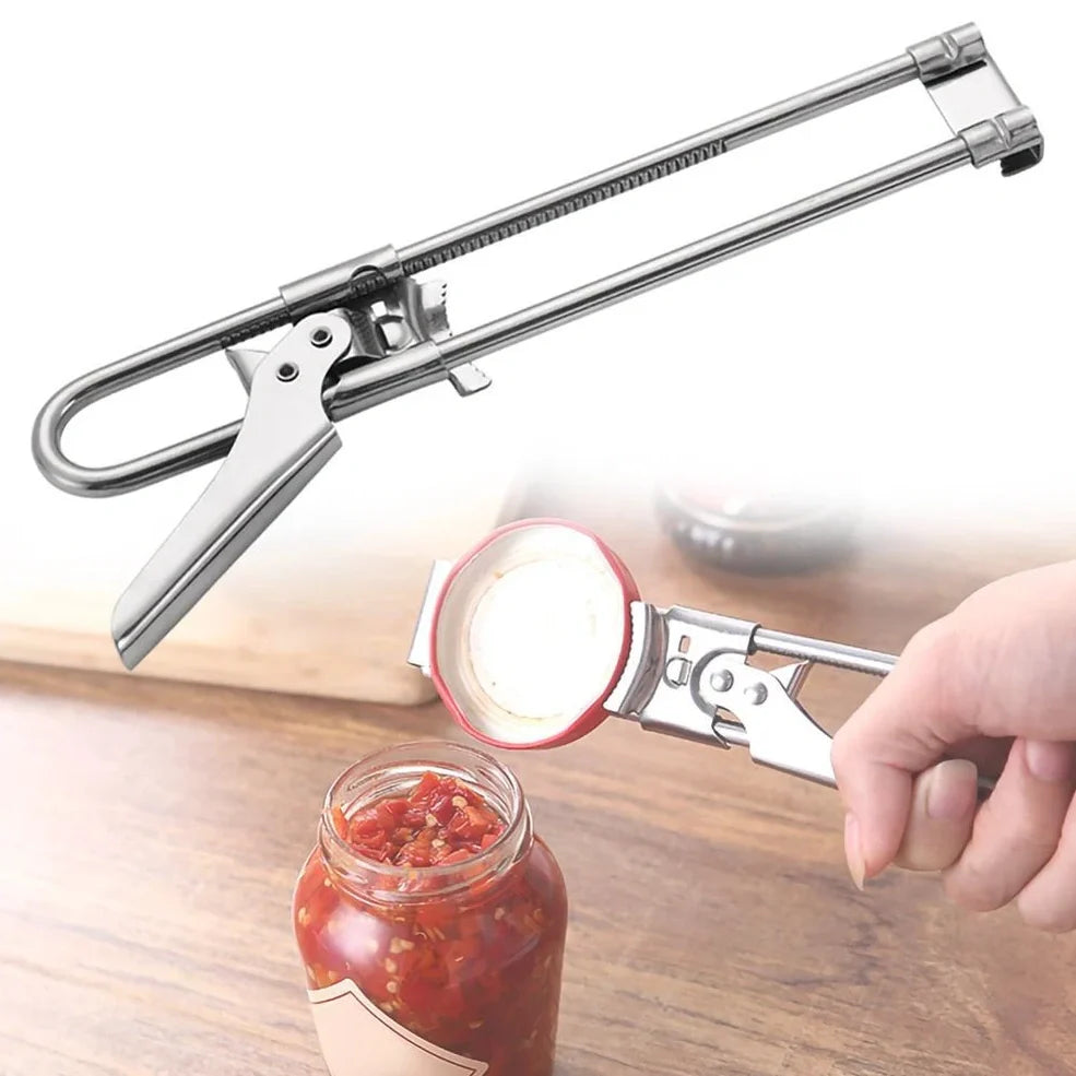 Adjustable stainless steel bottle and jar opener, 19cm long, 120g weight with non-slip handle for secure grip