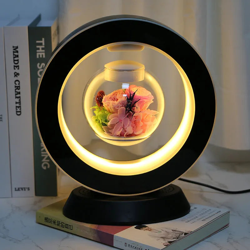 Magnetic levitation eternal rose lamp with rotating 15cm flower sphere above white base