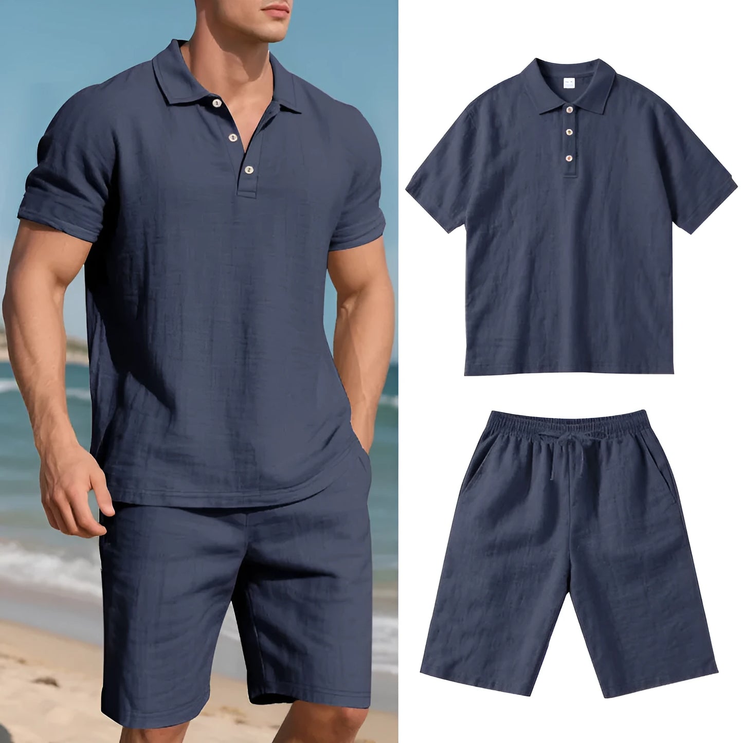 Men's light blue linen-blend short sleeve shirt and matching shorts casual summer suit set