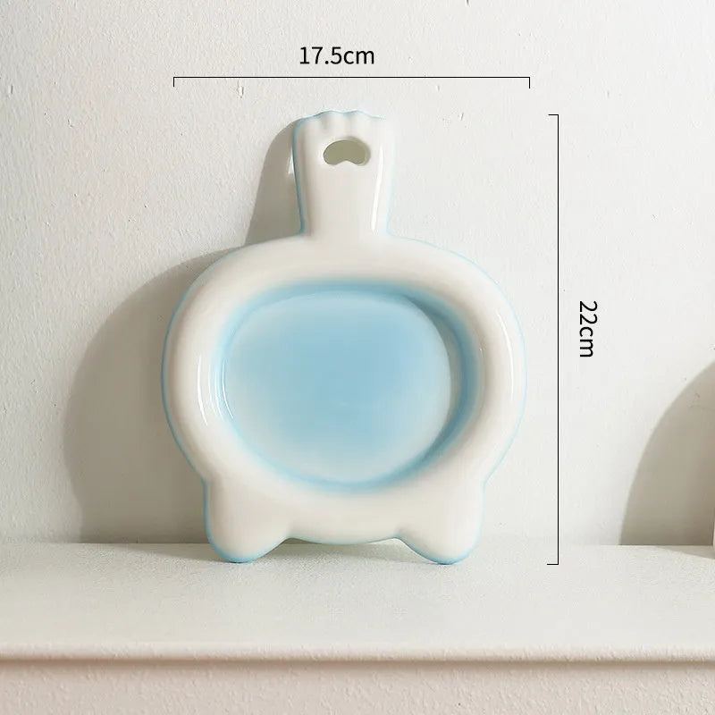 Ceramic cat bowl with shallow design in blue, green, pink, or yellow colour options