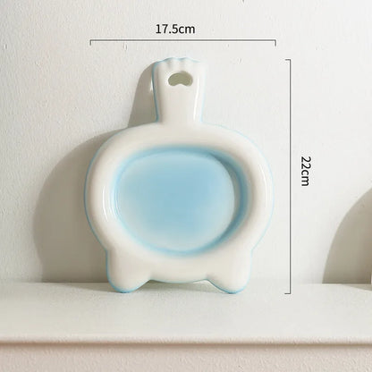 Ceramic cat bowl with shallow design in blue, green, pink, or yellow colour options
