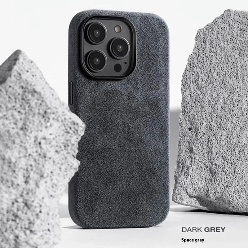 Alcantara suede magnetic phone case for Apple iPhone in black, showing frosted finish and anti-fall design.