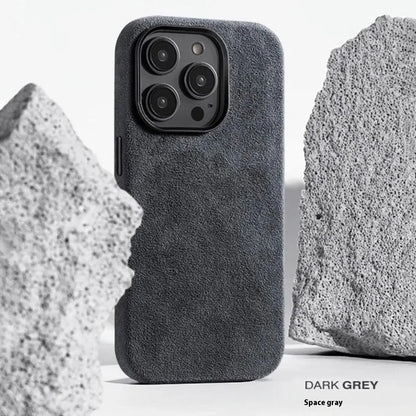Alcantara suede magnetic phone case for Apple iPhone in black, showing frosted finish and anti-fall design.