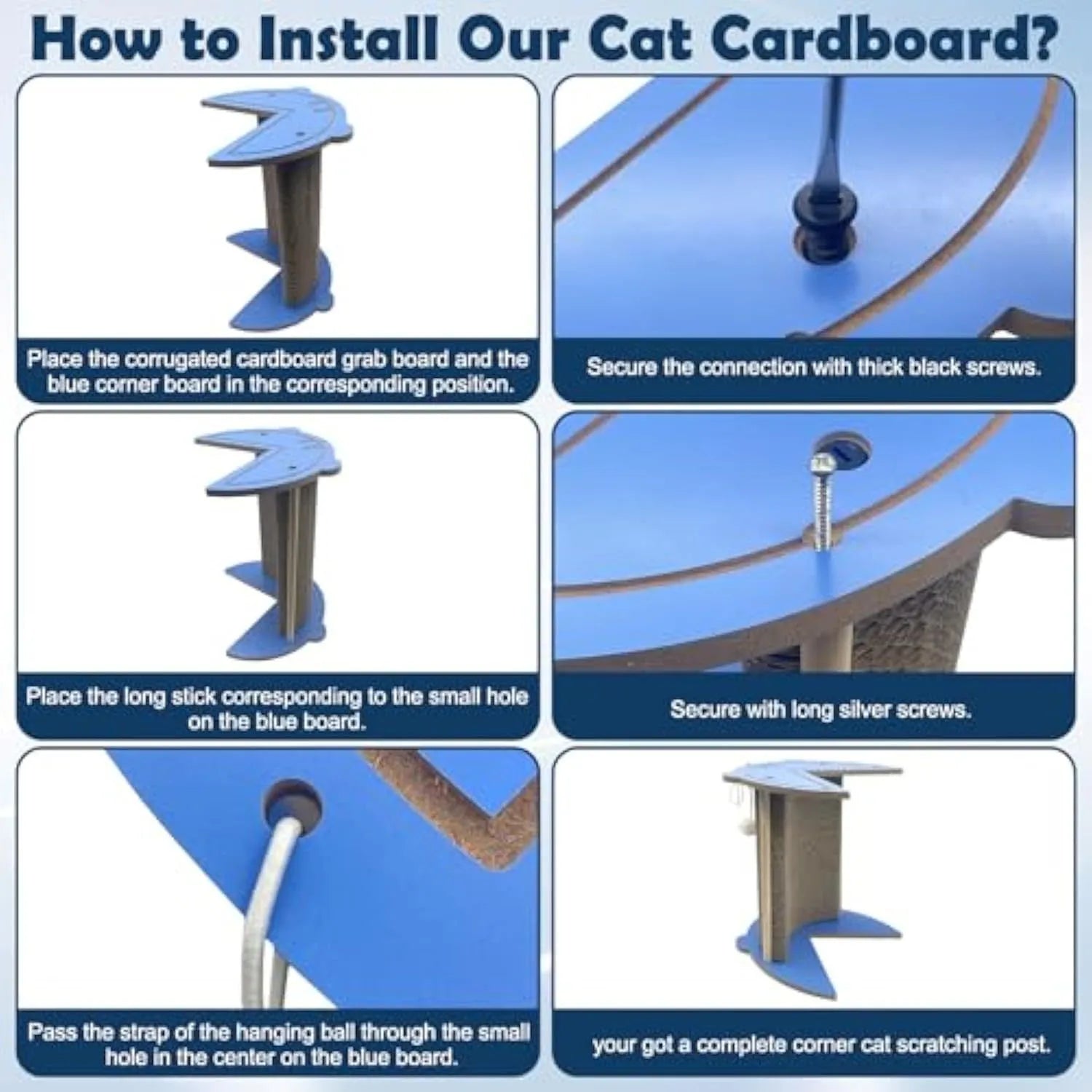 Grey corner cat scratcher with replaceable cardboard board and hanging red ball