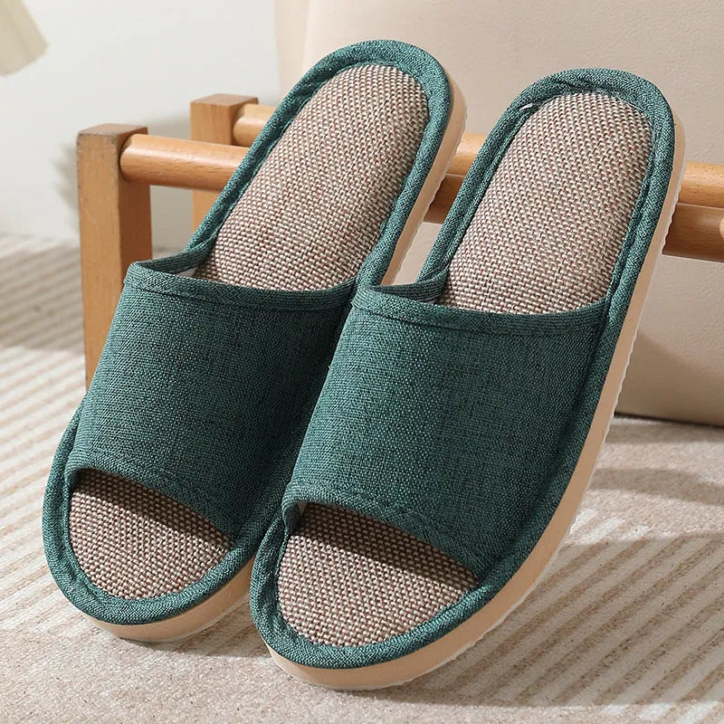 Women's open-toe linen slippers with thick sole in light brown colour.