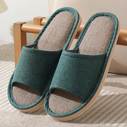 Women's open-toe linen slippers with thick sole in light brown colour.