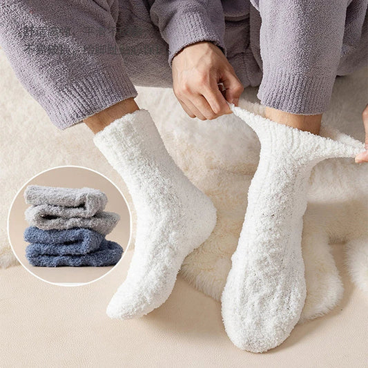 Plush coral fleece socks in various colors, designed for cozy and comfortable home wear